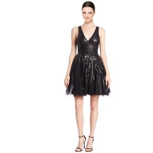 PARKER BLACK (black label) - Theater Sequin-Tulle V-Neck Cocktail Dress, Size 12